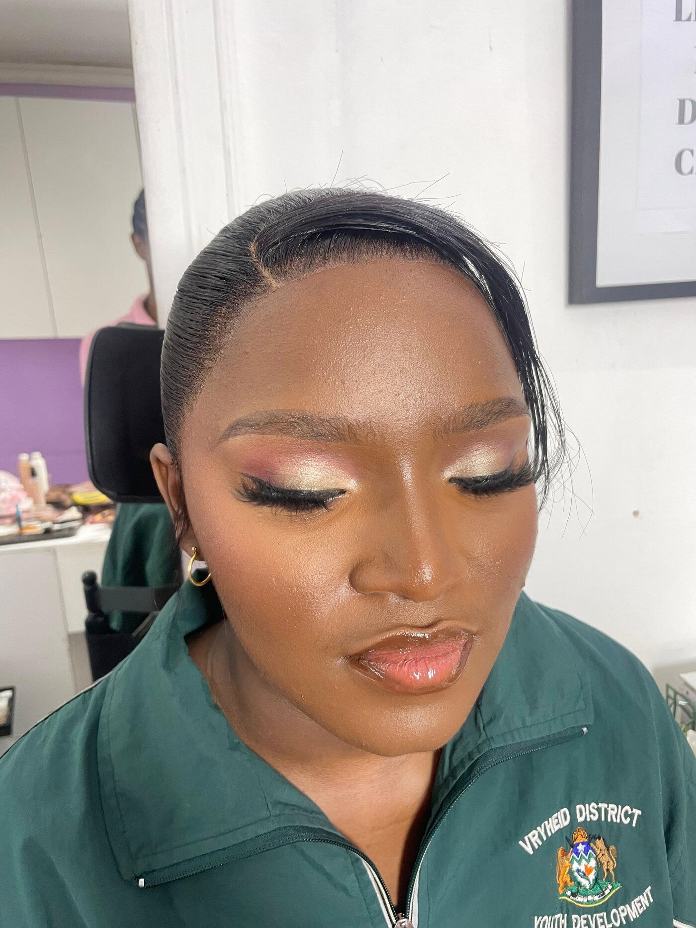 Full glam portrait, soft-lit eyes closed, warm highlight and contour