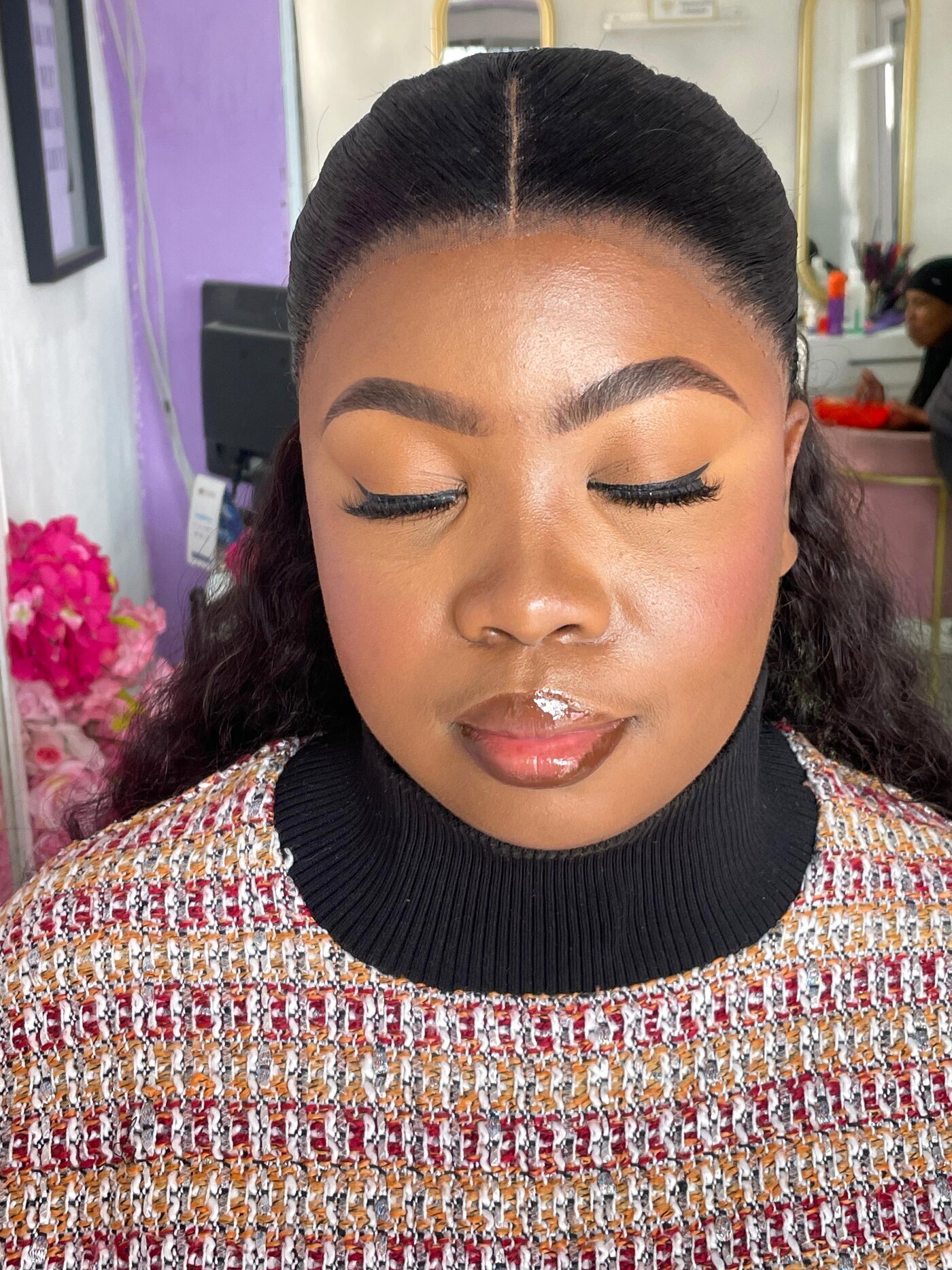 Natural glam side profile against pink florals